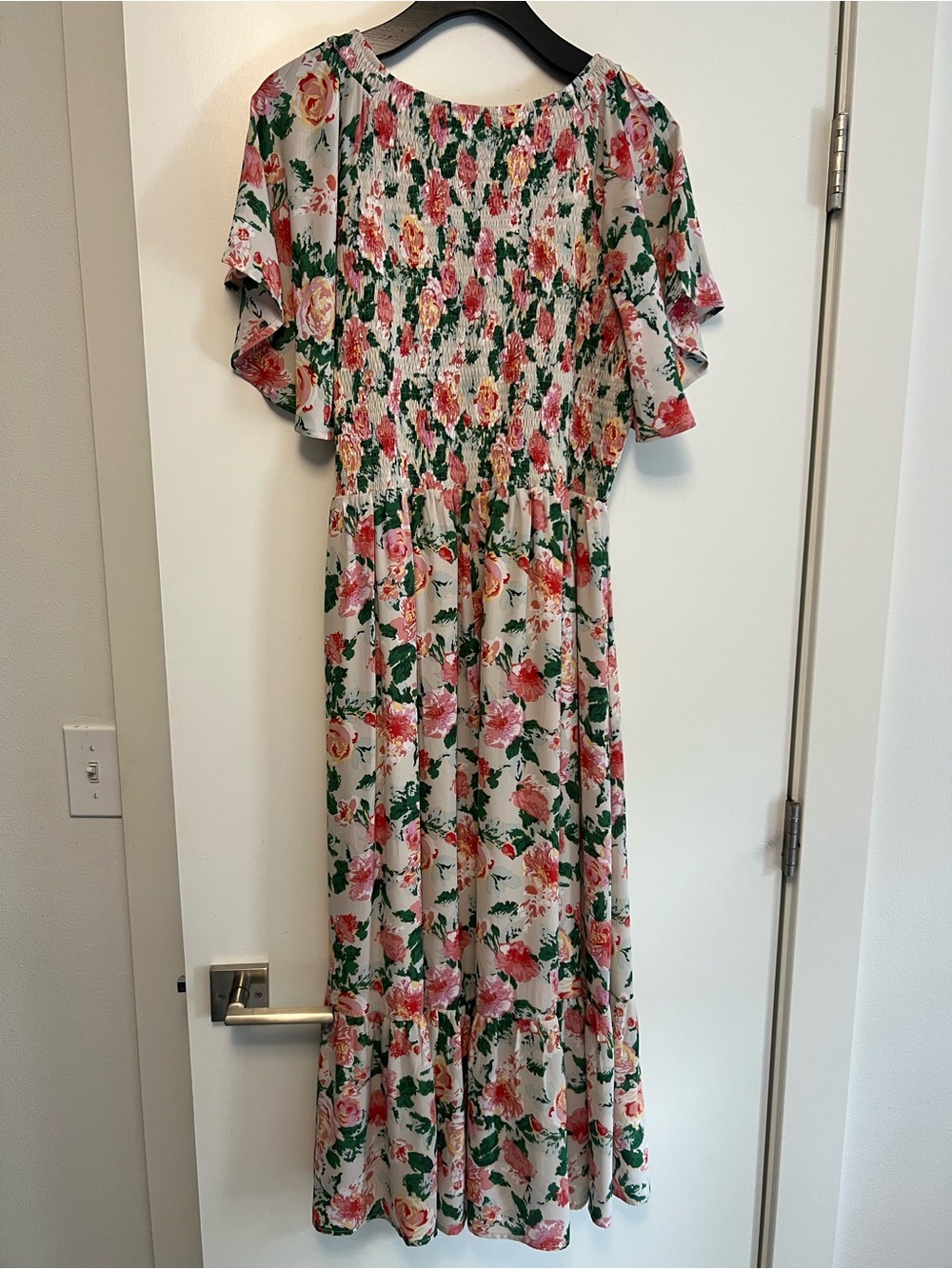 Floral V-Neck Maxi Dress in Cream with Pink & Green Roses - Picture 3 of 3